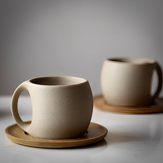 Shan Ju Harmony Mug & Tray set featuring minimalist beige ceramic mugs with rounded design paired with bamboo saucers, photographed against neutral background. Matte finish pottery showcases contemporary aesthetic with natural materials.