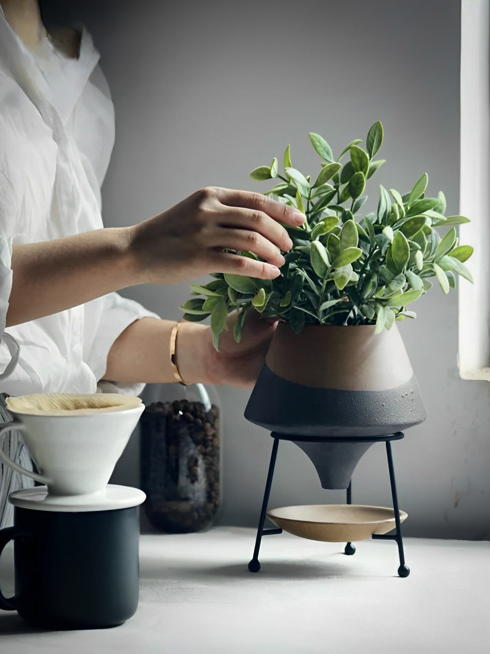 HongLuo Artisan Planters Family modern ceramic planter with two-tone design shown with lush green plant, displayed alongside coffee brewing equipment on minimalist white surface, elegant lifestyle setting with natural lighting